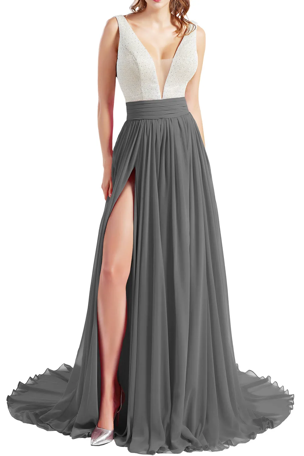 MACloth Women V Neck Long Prom Dresses Sleeveless Formal Evening Gown with Slit