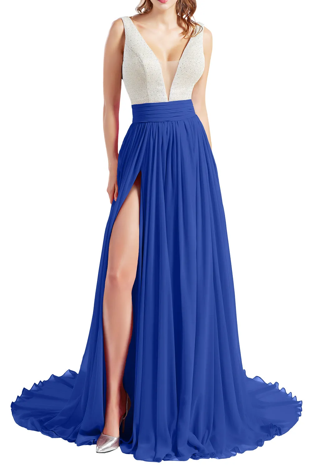 MACloth Women V Neck Long Prom Dresses Sleeveless Formal Evening Gown with Slit