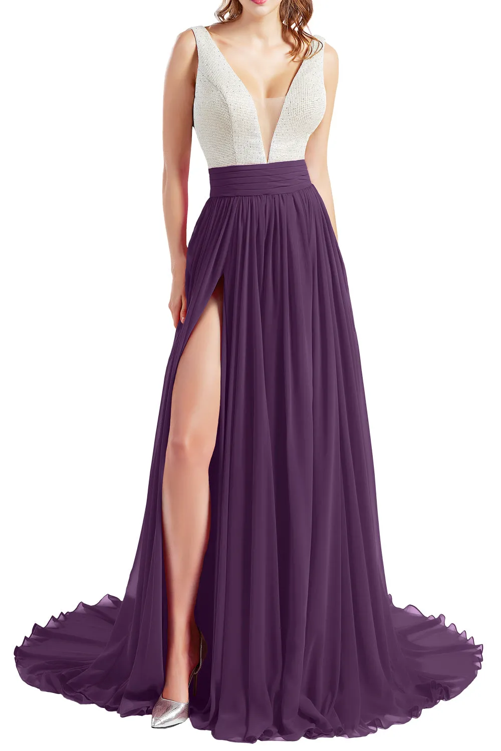 MACloth Women V Neck Long Prom Dresses Sleeveless Formal Evening Gown with Slit