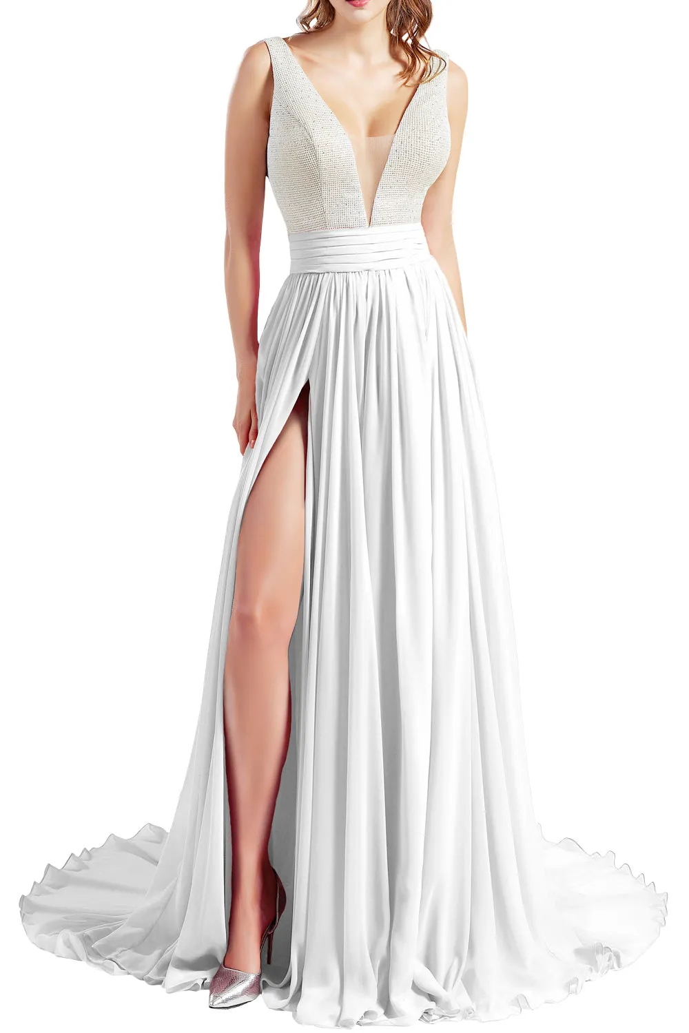 MACloth Women V Neck Long Prom Dresses Sleeveless Formal Evening Gown with Slit
