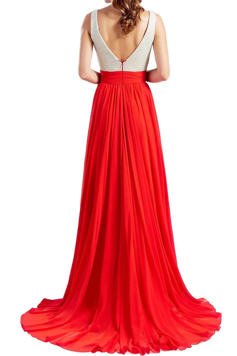 MACloth Women V Neck Long Prom Dresses Sleeveless Formal Evening Gown with Slit