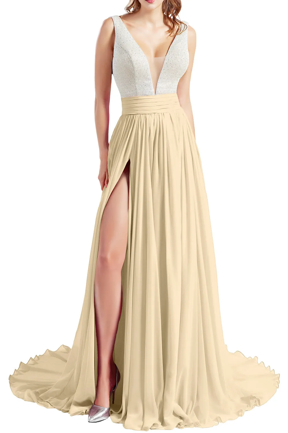 MACloth Women V Neck Long Prom Dresses Sleeveless Formal Evening Gown with Slit