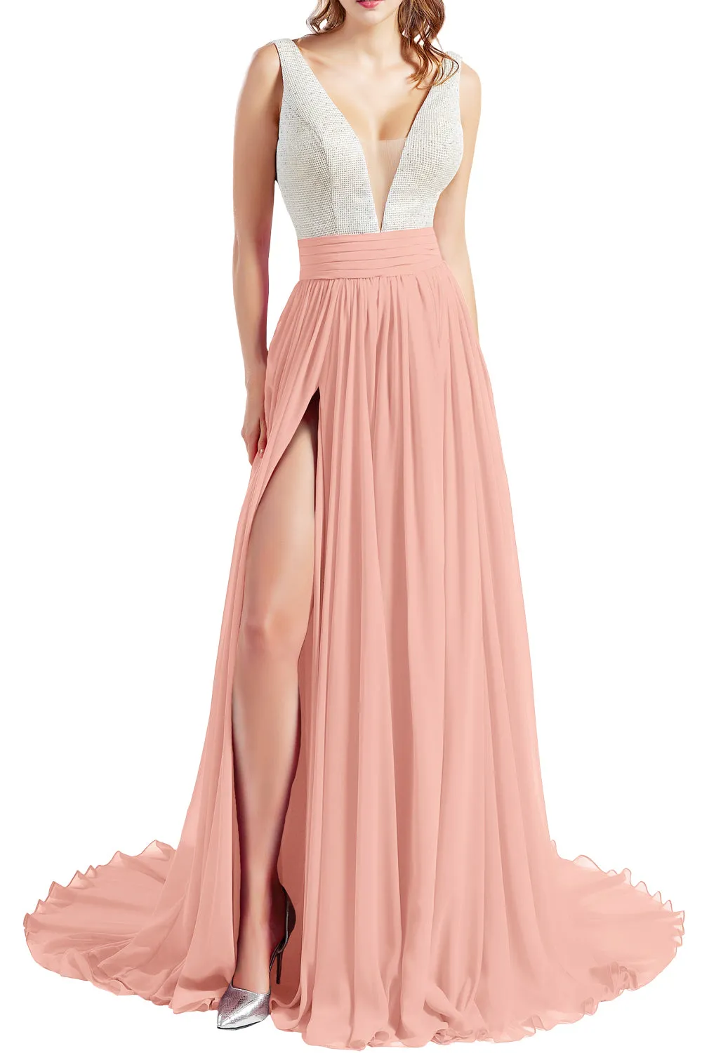 MACloth Women V Neck Long Prom Dresses Sleeveless Formal Evening Gown with Slit