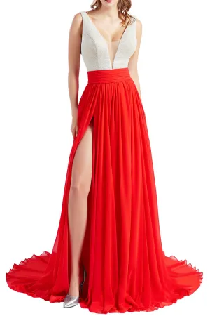 MACloth Women V Neck Long Prom Dresses Sleeveless Formal Evening Gown with Slit