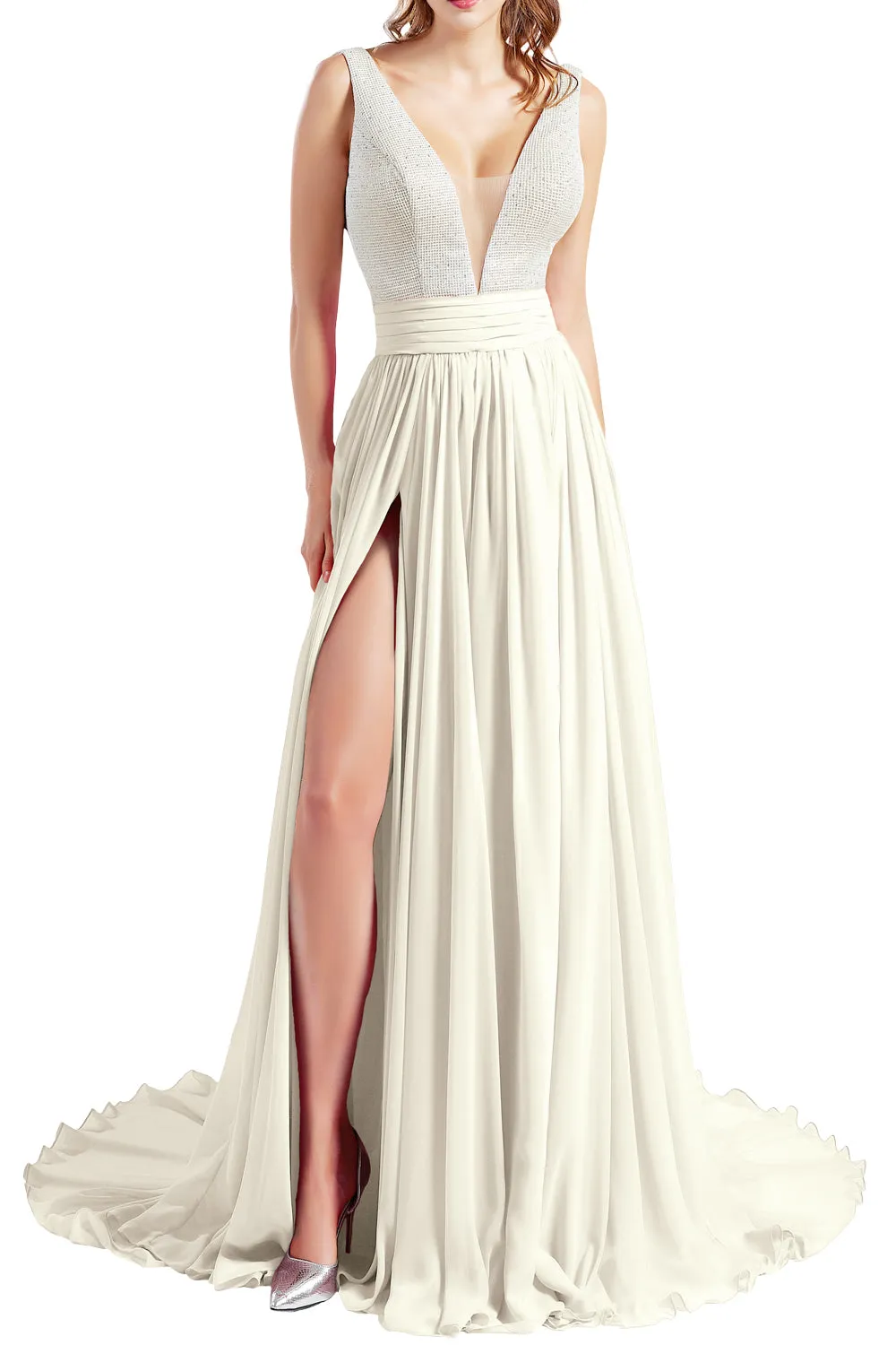 MACloth Women V Neck Long Prom Dresses Sleeveless Formal Evening Gown with Slit