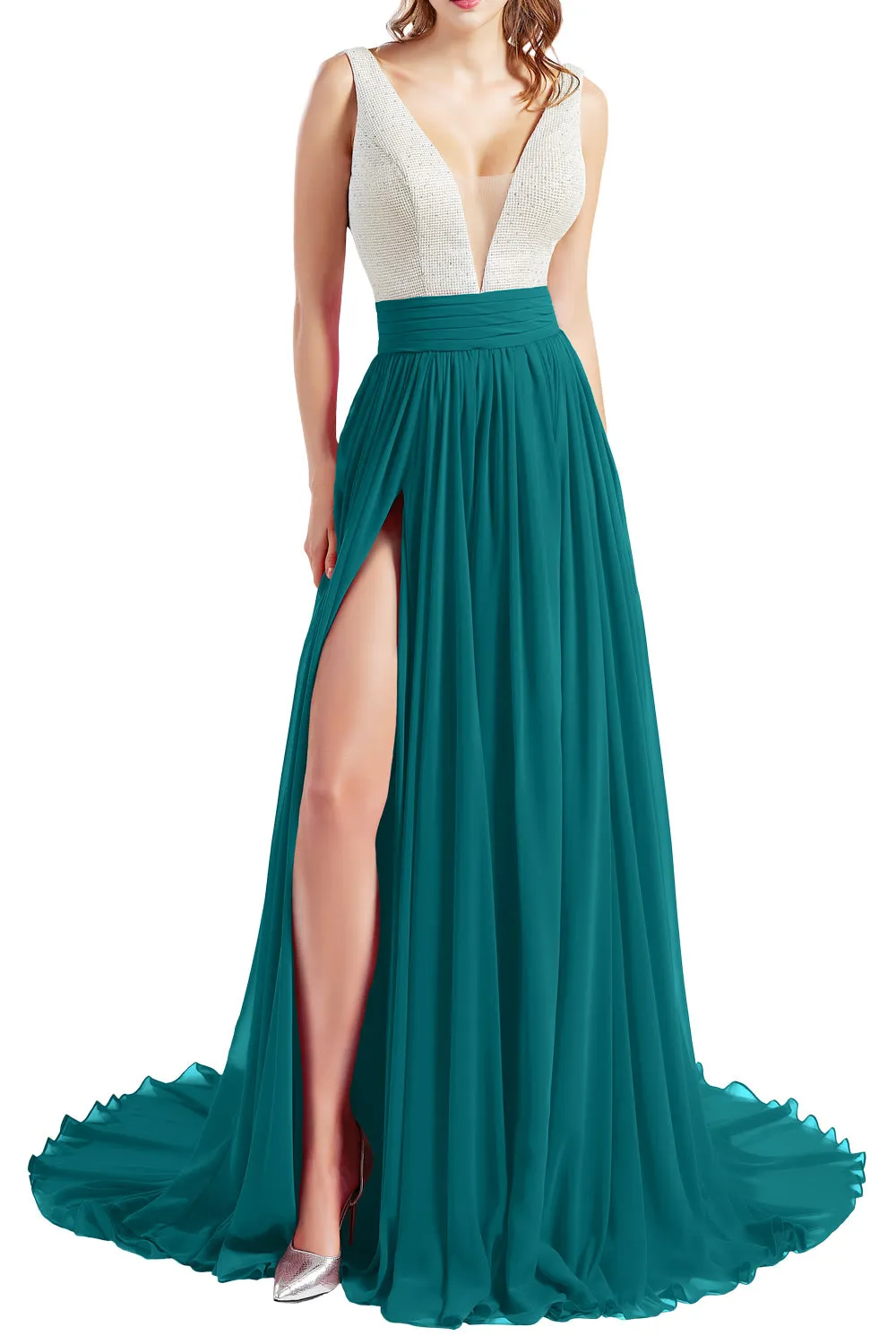 MACloth Women V Neck Long Prom Dresses Sleeveless Formal Evening Gown with Slit