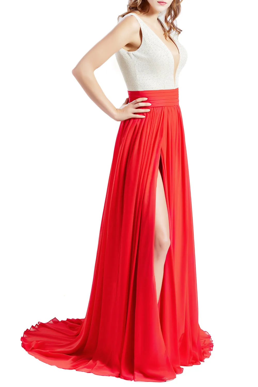 MACloth Women V Neck Long Prom Dresses Sleeveless Formal Evening Gown with Slit