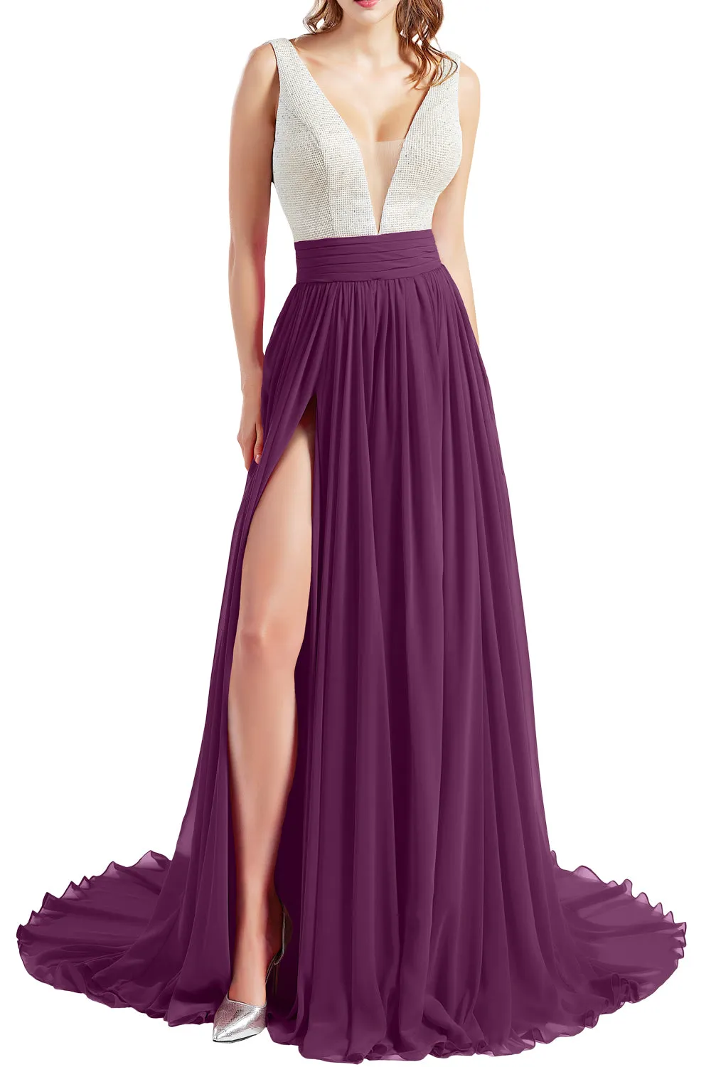 MACloth Women V Neck Long Prom Dresses Sleeveless Formal Evening Gown with Slit