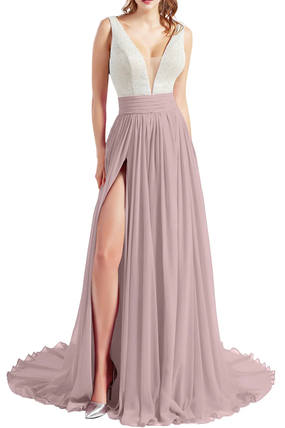 MACloth Women V Neck Long Prom Dresses Sleeveless Formal Evening Gown with Slit