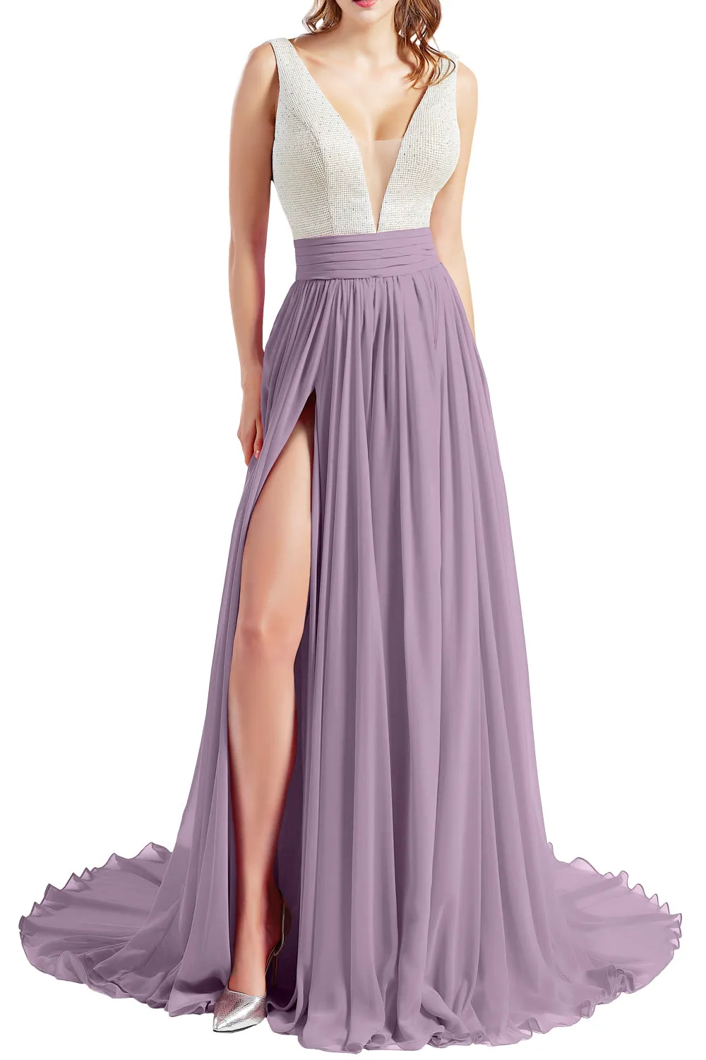 MACloth Women V Neck Long Prom Dresses Sleeveless Formal Evening Gown with Slit