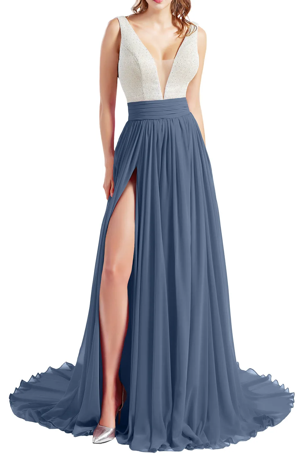 MACloth Women V Neck Long Prom Dresses Sleeveless Formal Evening Gown with Slit