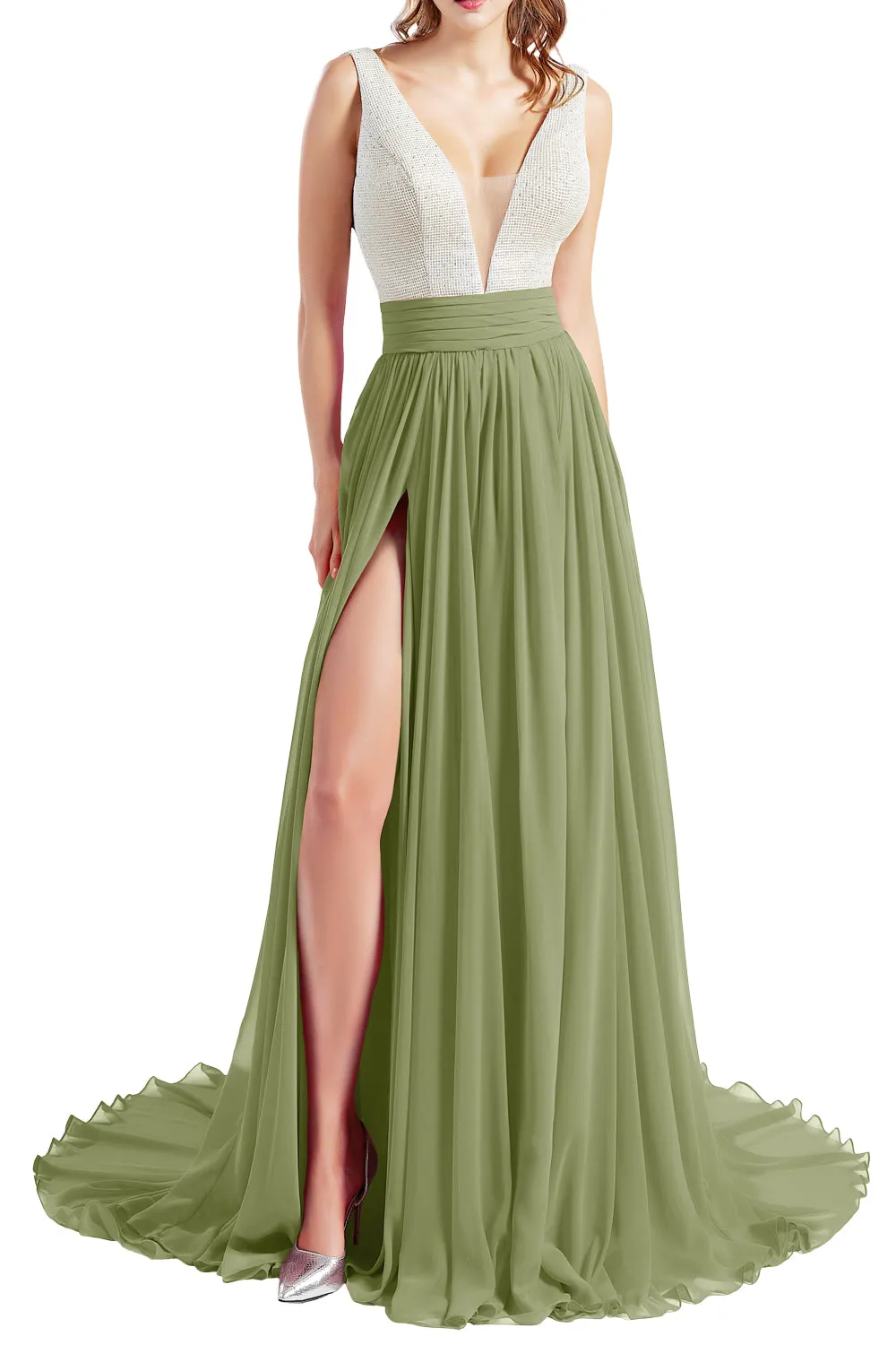 MACloth Women V Neck Long Prom Dresses Sleeveless Formal Evening Gown with Slit