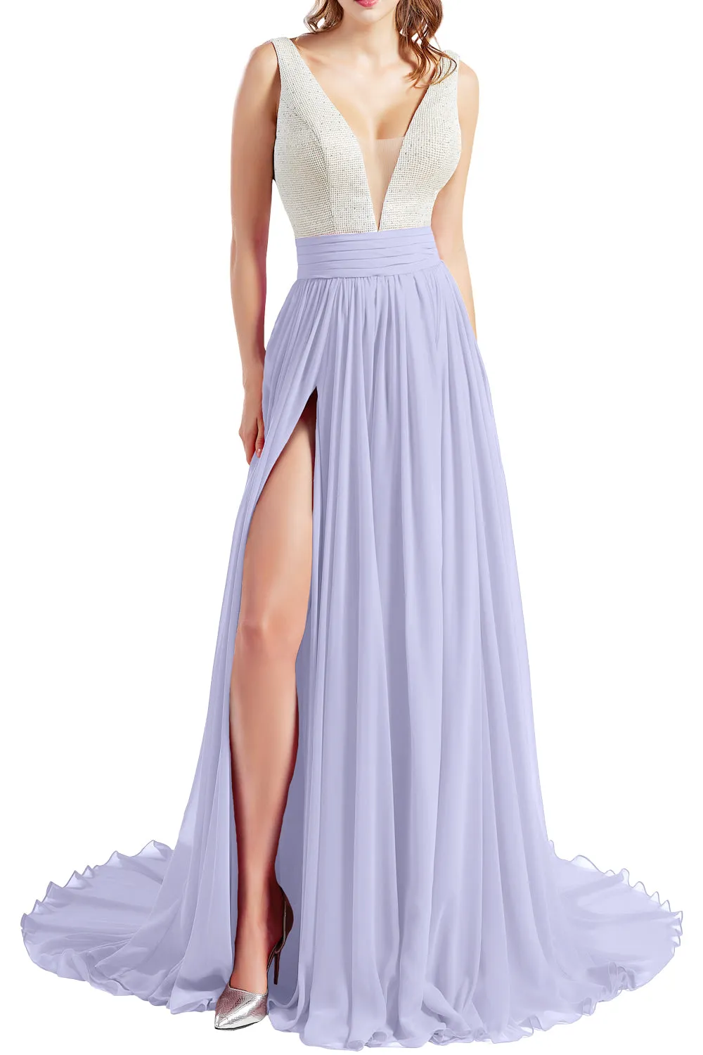 MACloth Women V Neck Long Prom Dresses Sleeveless Formal Evening Gown with Slit