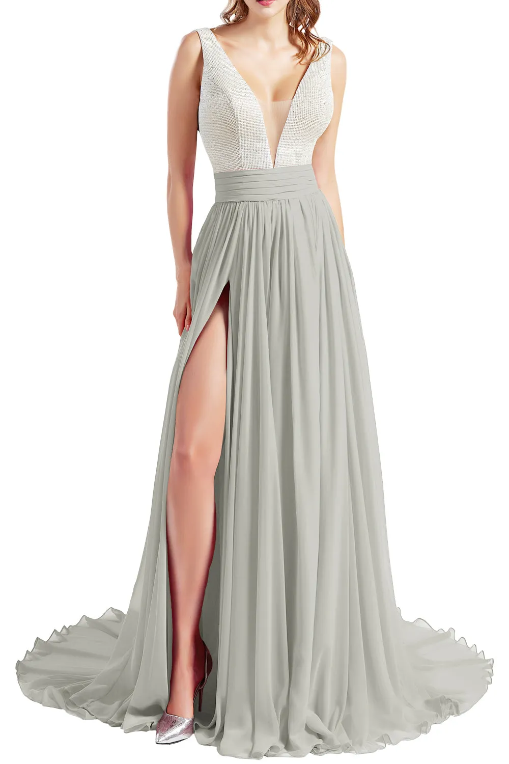 MACloth Women V Neck Long Prom Dresses Sleeveless Formal Evening Gown with Slit