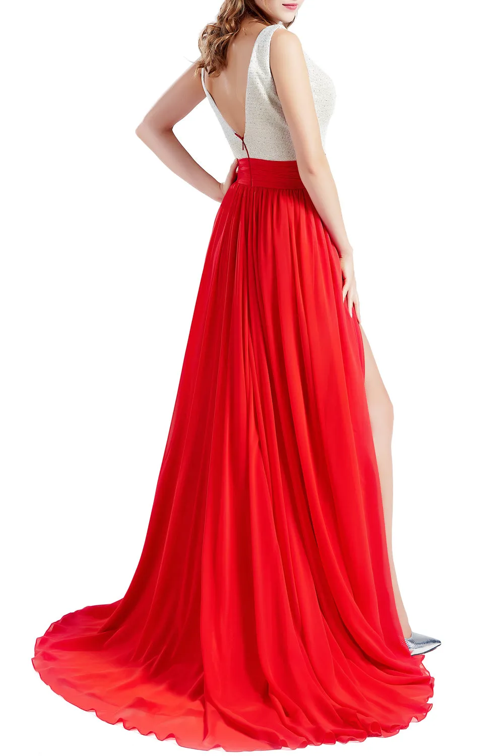 MACloth Women V Neck Long Prom Dresses Sleeveless Formal Evening Gown with Slit