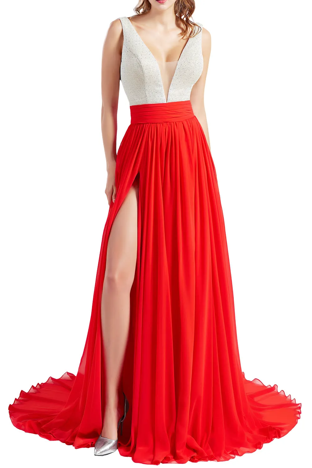 MACloth Women V Neck Long Prom Dresses Sleeveless Formal Evening Gown with Slit