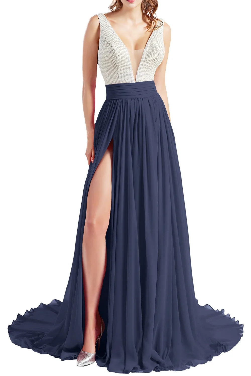 MACloth Women V Neck Long Prom Dresses Sleeveless Formal Evening Gown with Slit