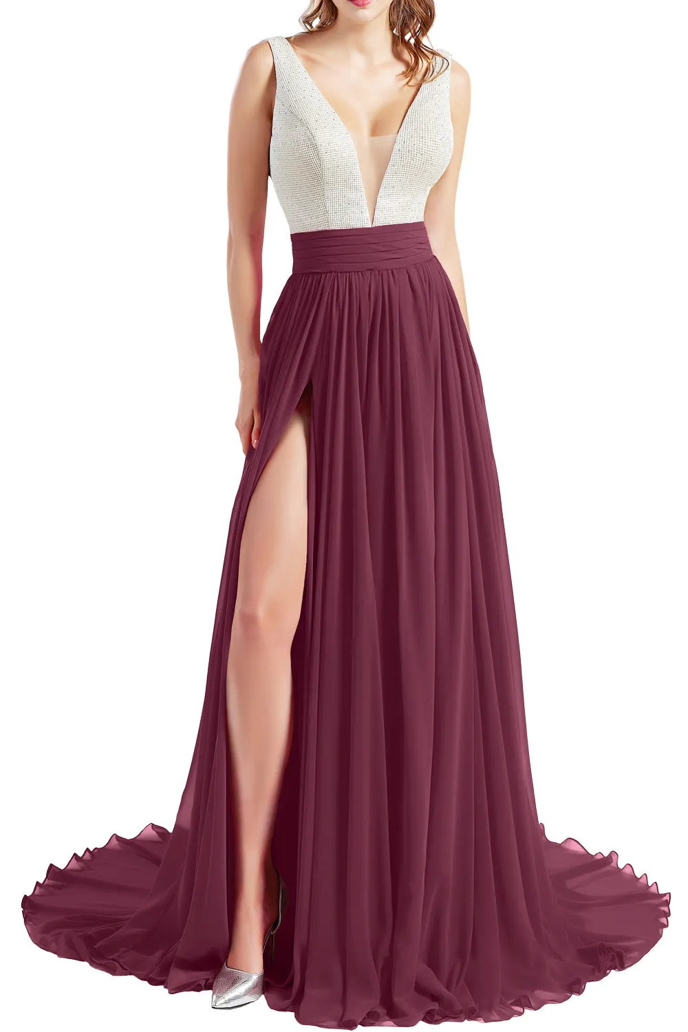 MACloth Women V Neck Long Prom Dresses Sleeveless Formal Evening Gown with Slit
