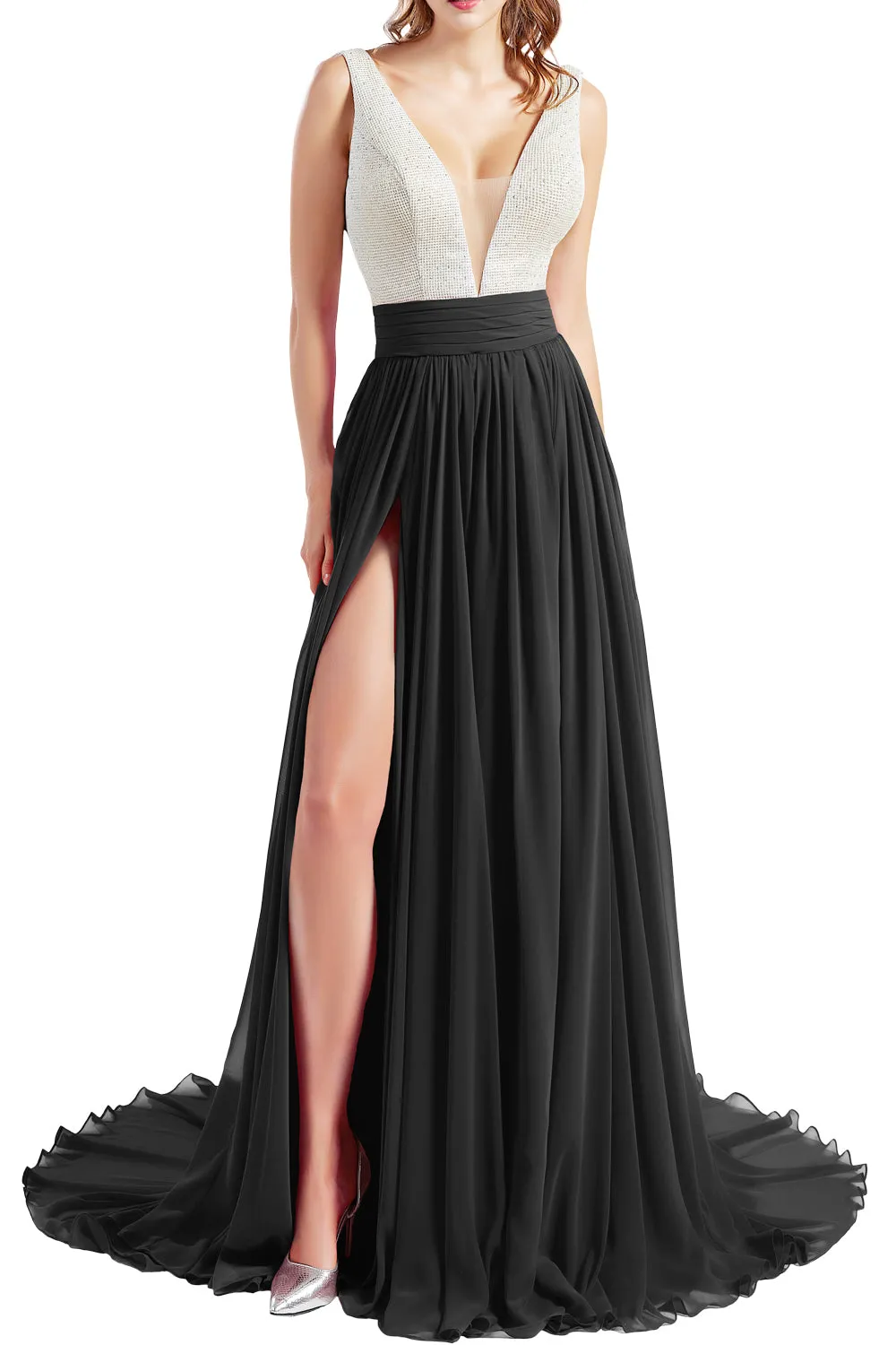MACloth Women V Neck Long Prom Dresses Sleeveless Formal Evening Gown with Slit