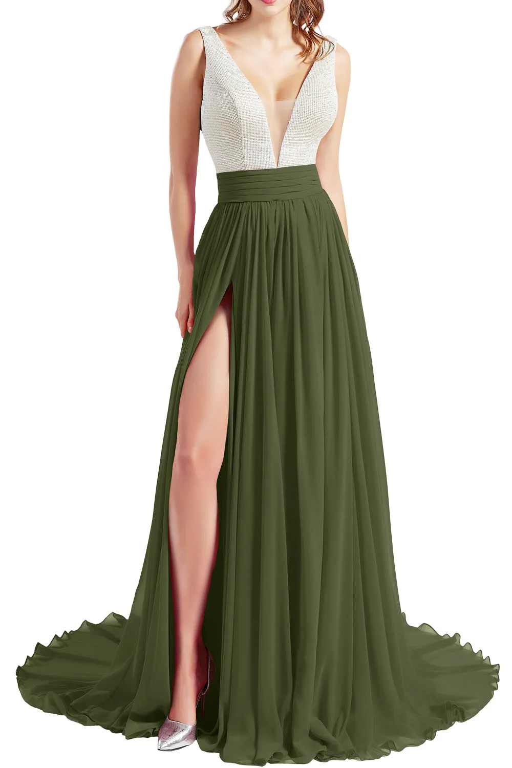 MACloth Women V Neck Long Prom Dresses Sleeveless Formal Evening Gown with Slit