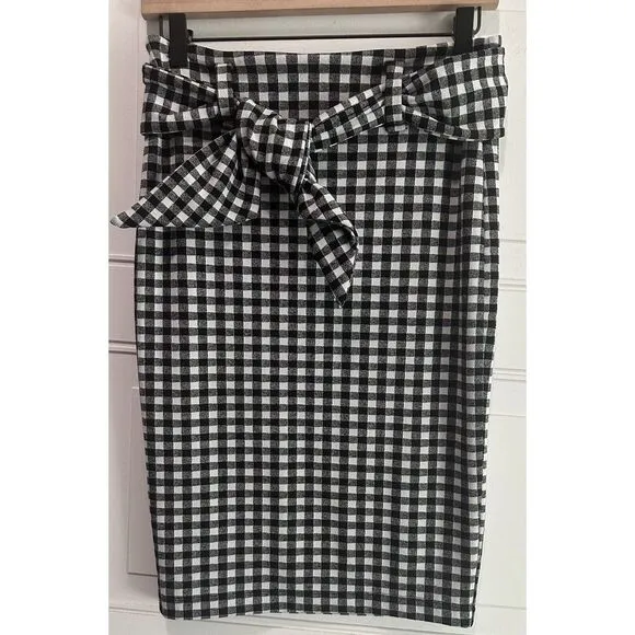 Maeve Anthropologie‎ Black White Gingham Plaid Removable Tie Pencil Skirt Small