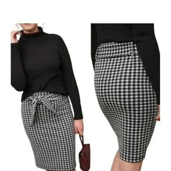 Maeve Anthropologie‎ Black White Gingham Plaid Removable Tie Pencil Skirt Small