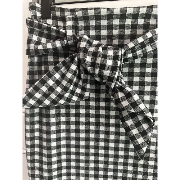 Maeve Anthropologie‎ Black White Gingham Plaid Removable Tie Pencil Skirt Small