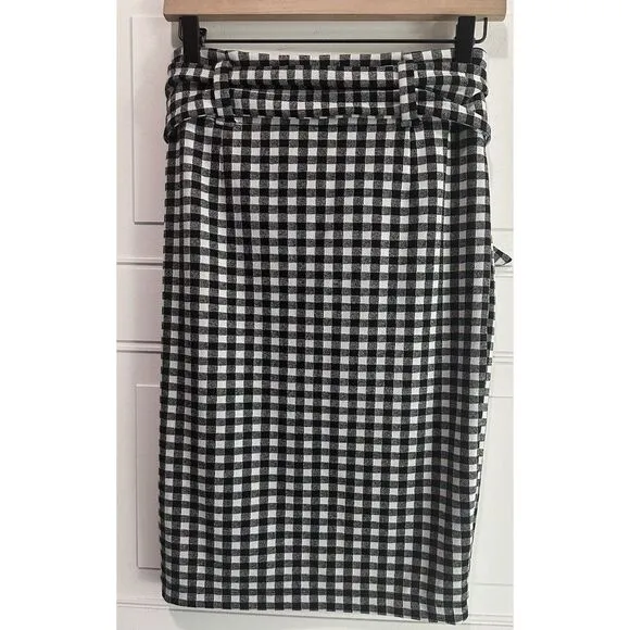 Maeve Anthropologie‎ Black White Gingham Plaid Removable Tie Pencil Skirt Small