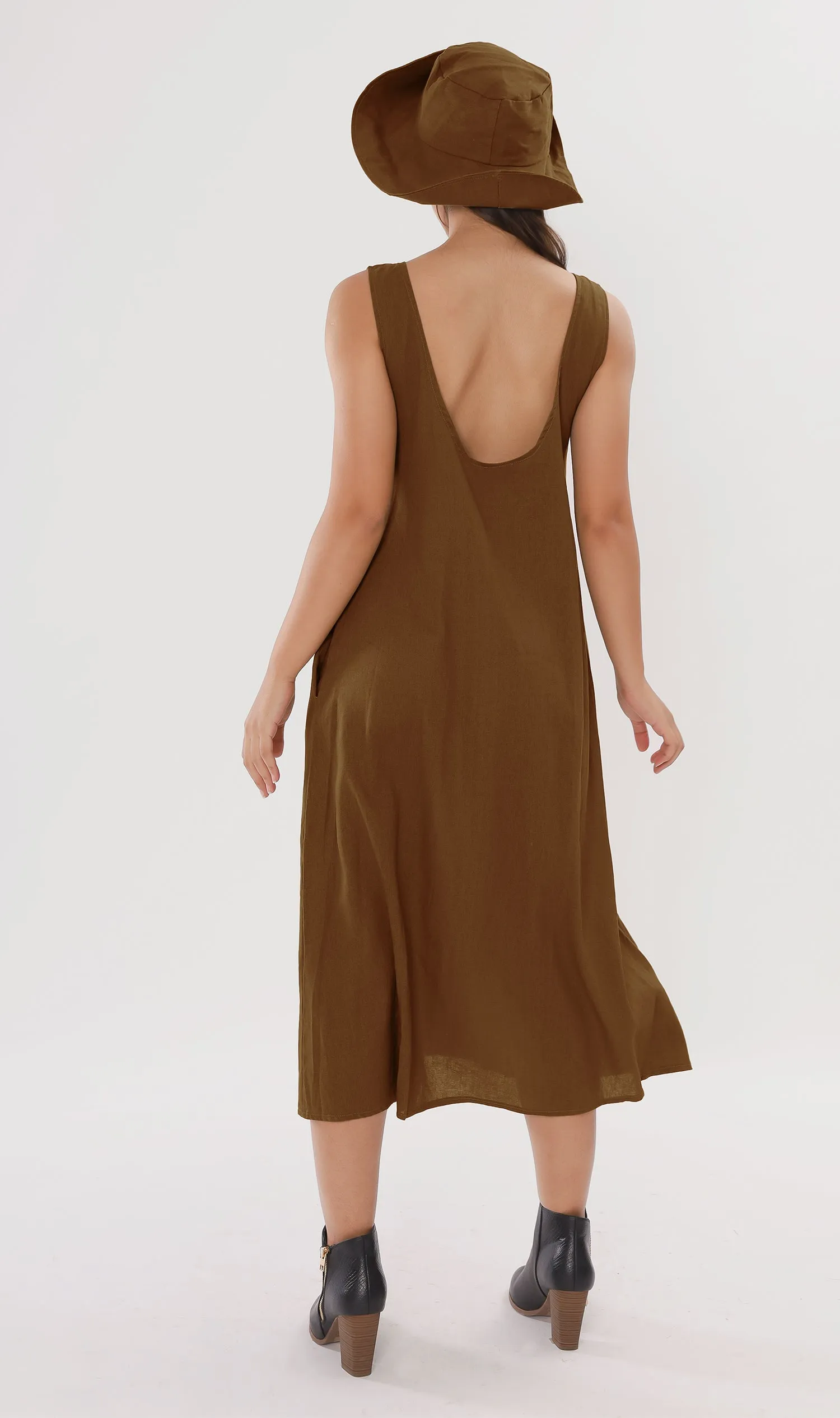 MAZIE Low-back Linen Midi Dress w/ Hat (Nutmeg)