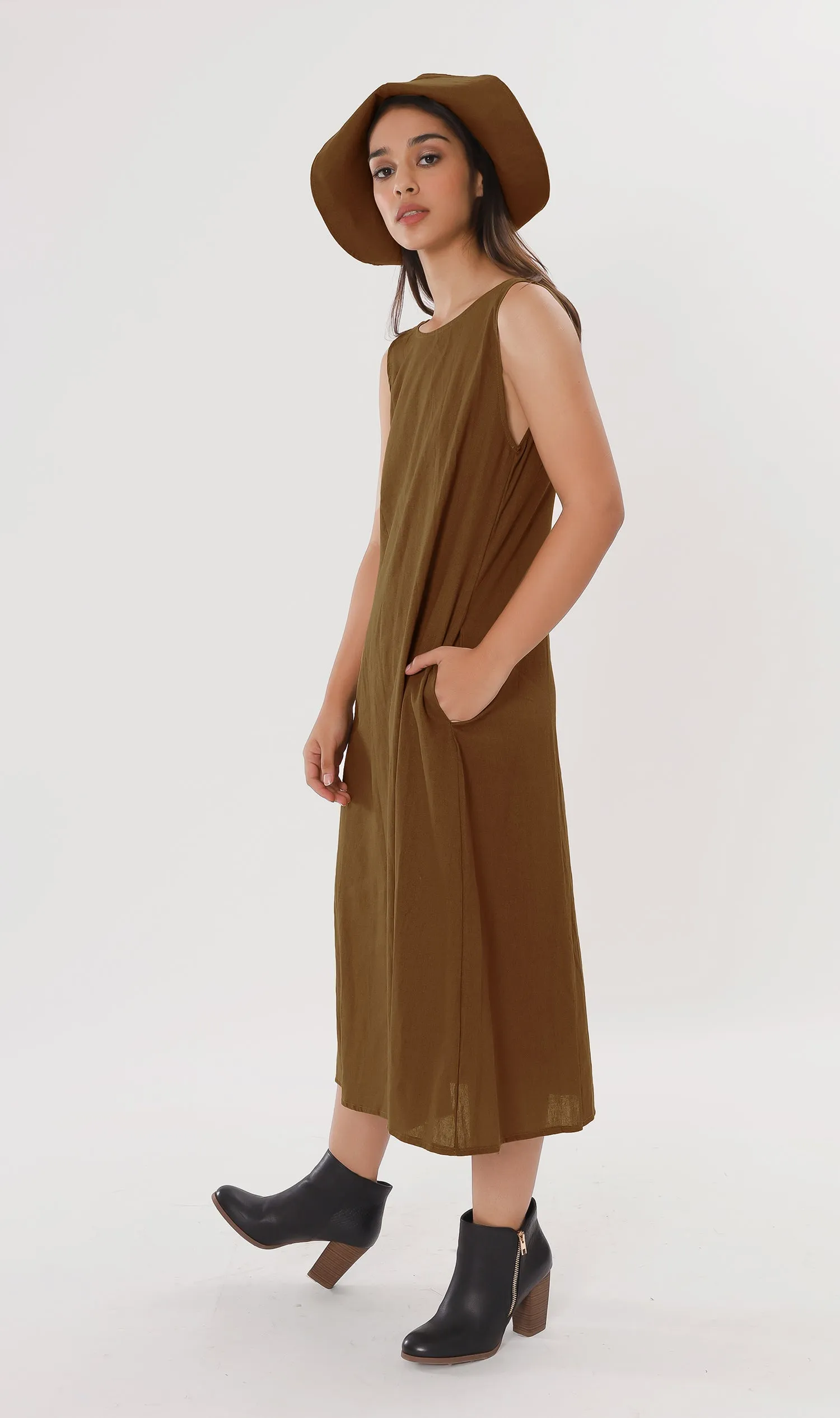 MAZIE Low-back Linen Midi Dress w/ Hat (Nutmeg)
