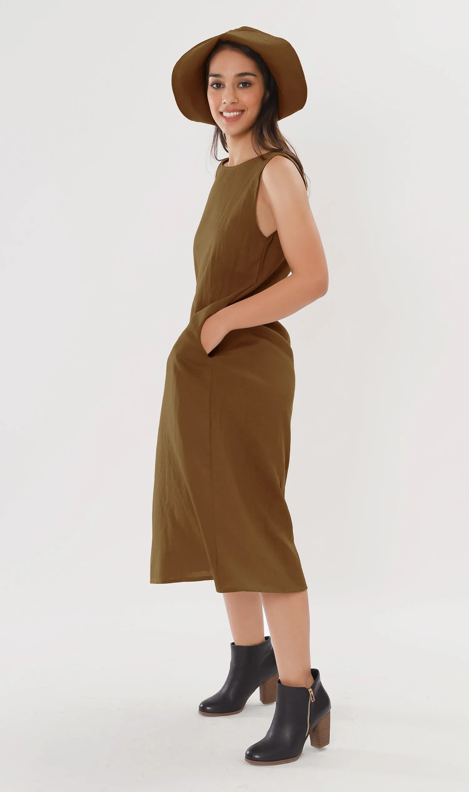 MAZIE Low-back Linen Midi Dress w/ Hat (Nutmeg)