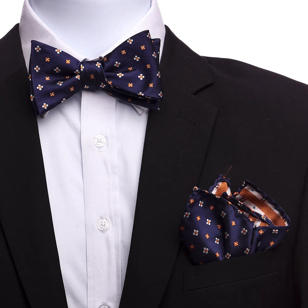 Men's Navy Blue And Orange Silk Self Bow Tie