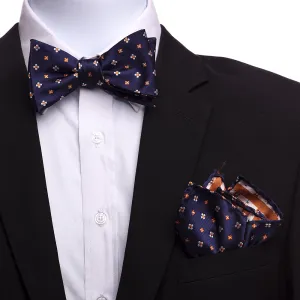 Men's Navy Blue And Orange Silk Self Bow Tie