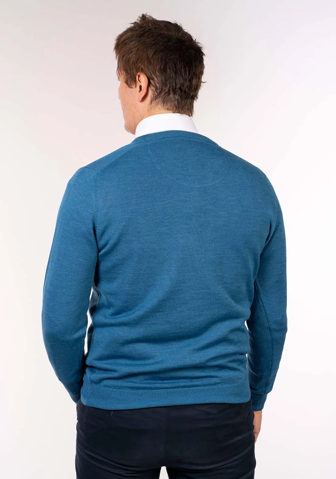 Mens V-Neck Merino Wool Jumper - Blue