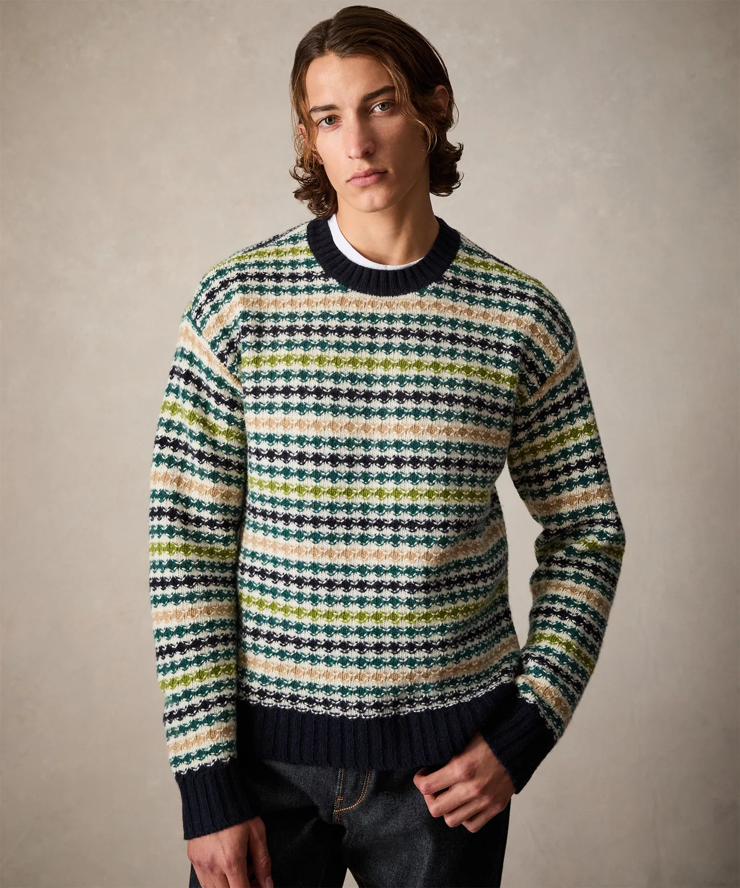 Merino Bubble Stripe Crewneck Sweater in Dark Teal