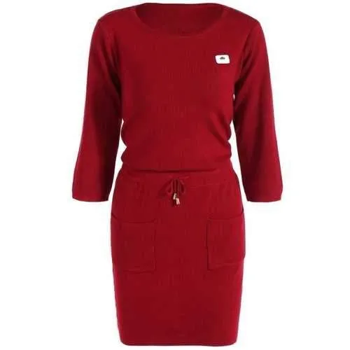 Mini Drawstring Sweater Dress - Dark Red One Size