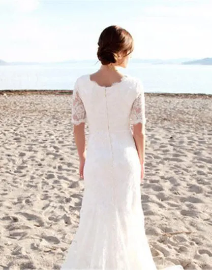 Modest Short Sleeves Beach Garden Elegant Lace Mermaid Bridal Gown with Pearls-715359