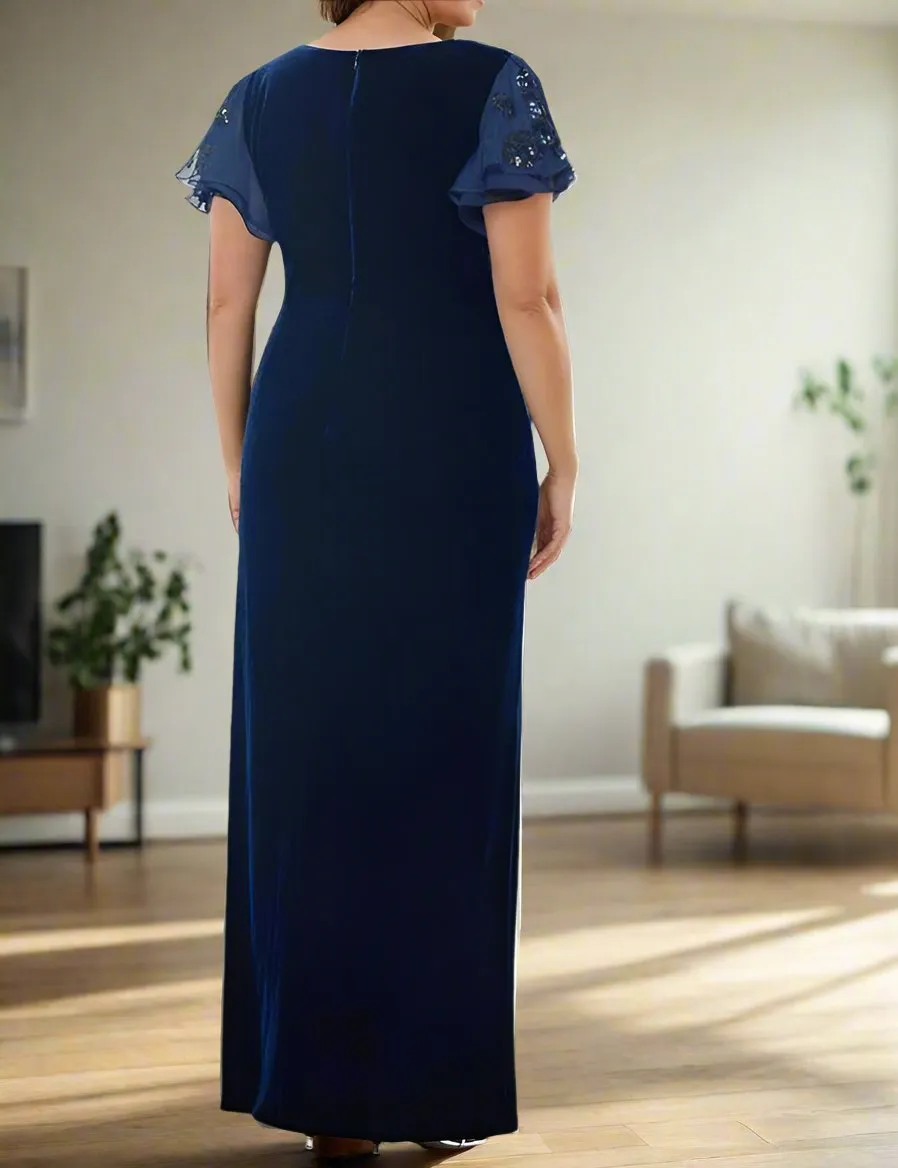 Navy Blue Sheath Short Sleeves  Velvet  Mother of The Bride Dresses with Ruffles