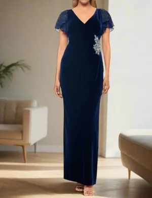 Navy Blue Sheath Short Sleeves  Velvet  Mother of The Bride Dresses with Ruffles