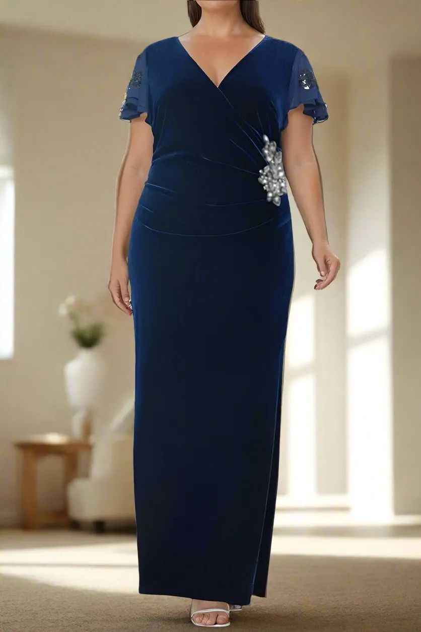 Navy Blue Sheath Short Sleeves  Velvet  Mother of The Bride Dresses with Ruffles