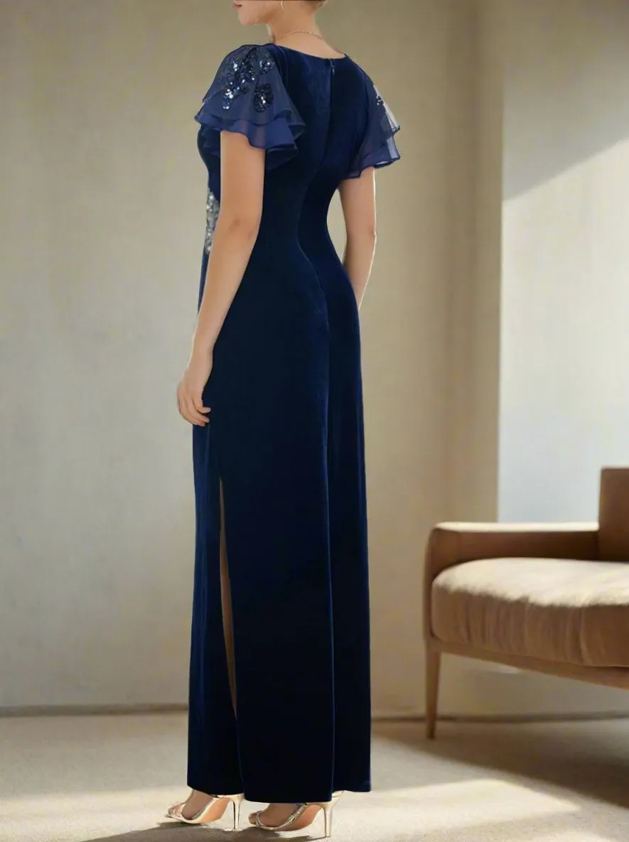 Navy Blue Sheath Short Sleeves  Velvet  Mother of The Bride Dresses with Ruffles