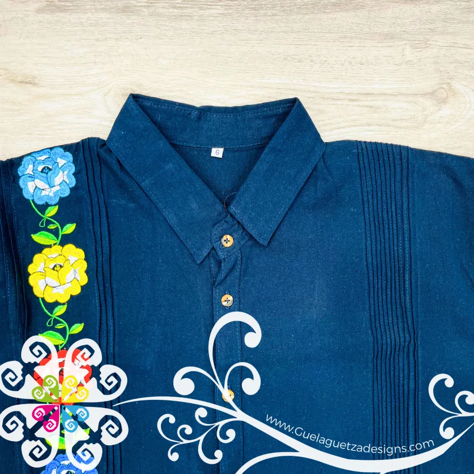 Navy Blue Tehuana Flowers - Embroider Men Shirt