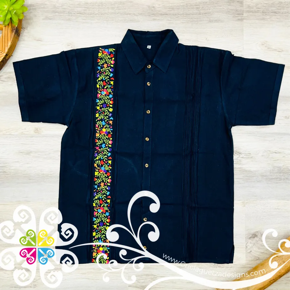 Navy Blue Vine Flowers - Embroider Men Shirt