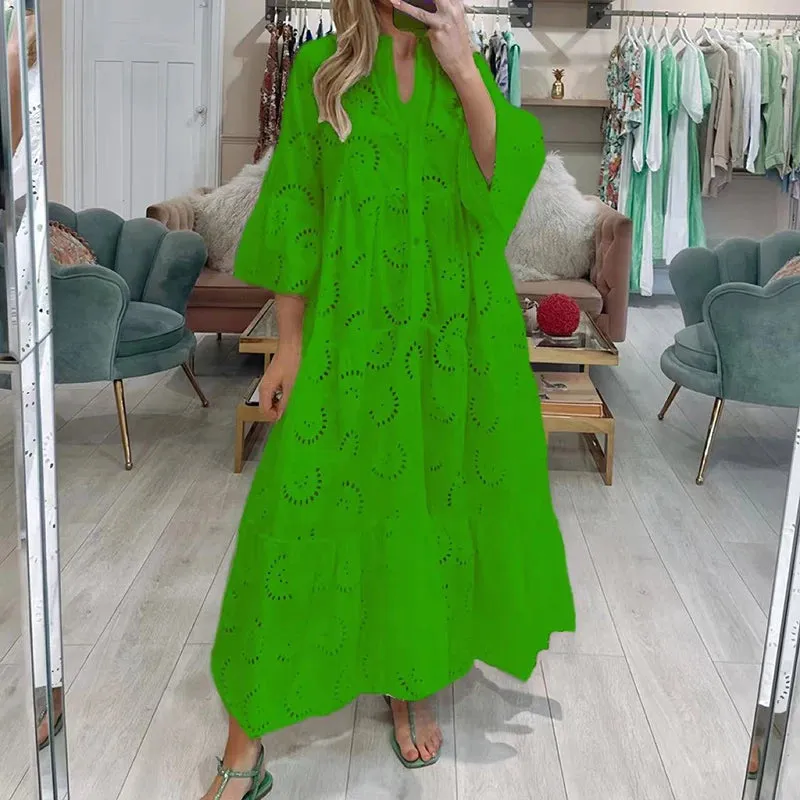 New Fashion Solid Color Flare Sleeve Loose Dress Casual V-Neck Long Dress Button Spring Summer Hollow Out A-line Dress
