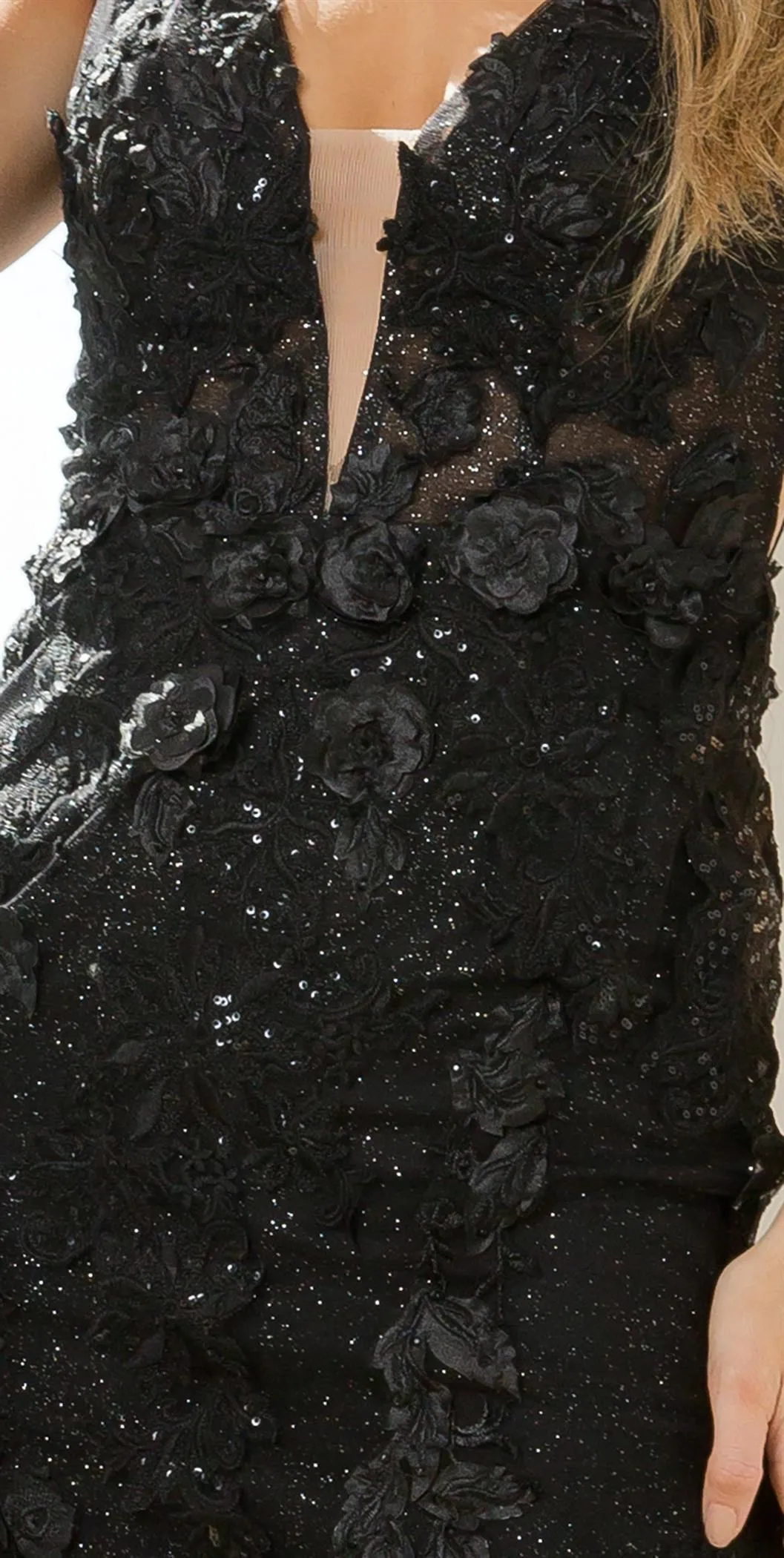 Nox Anabel E719 Floral Lace Appliqued Deep V-Neck Fitted Dress