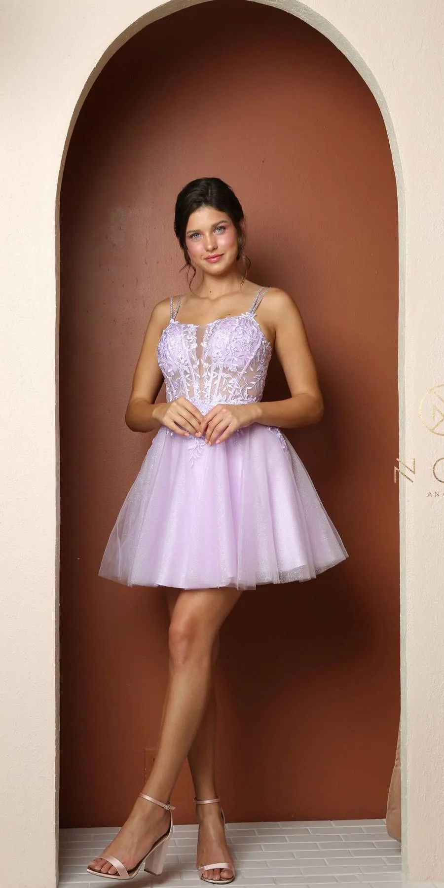 Nox Anabel T724 Floral Embellished Beads Bodice A-Line Short Dress