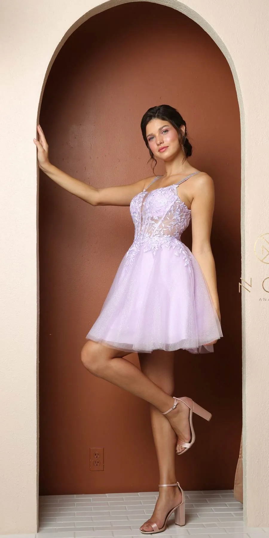 Nox Anabel T724 Floral Embellished Beads Bodice A-Line Short Dress