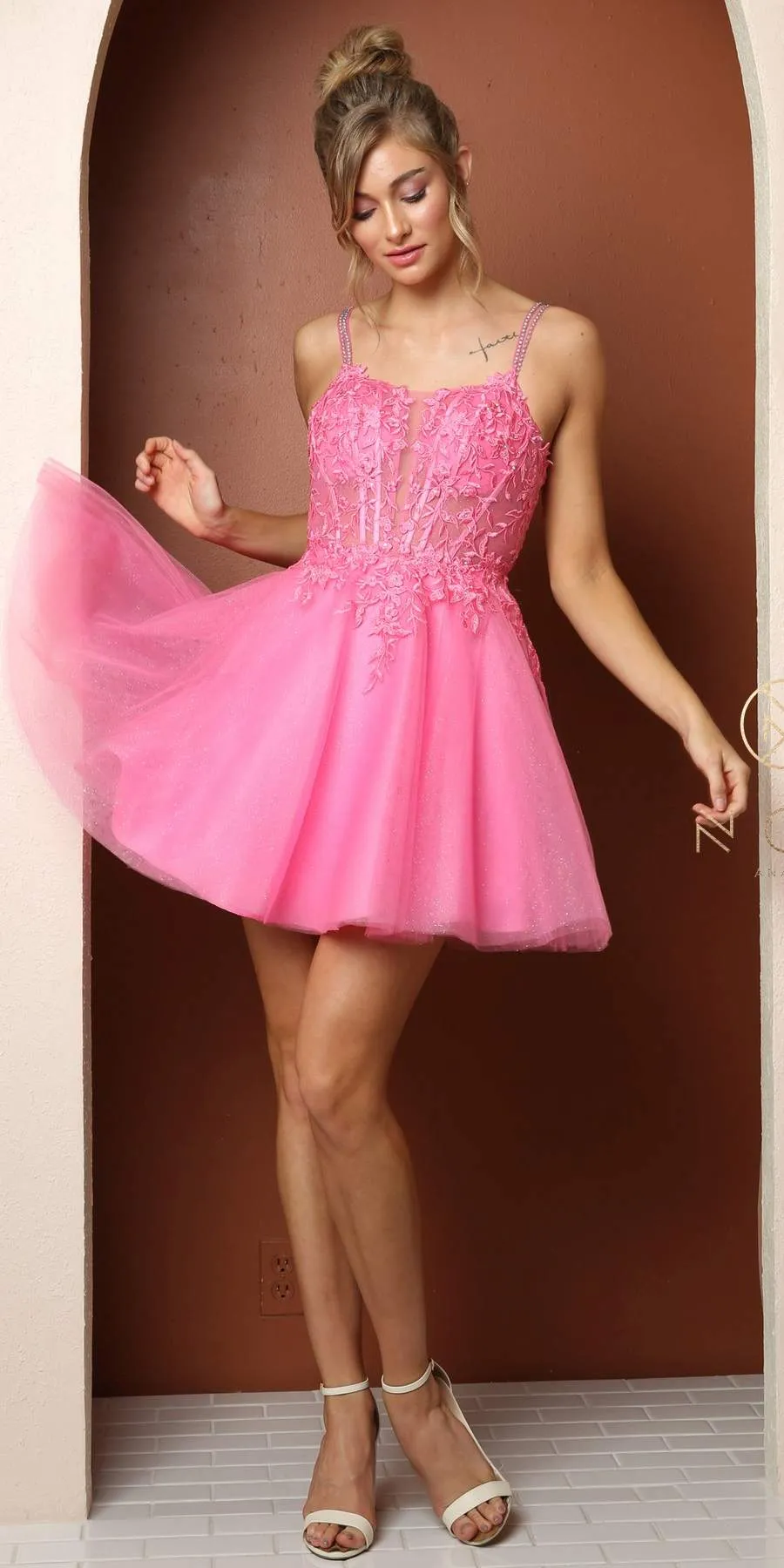 Nox Anabel T724 Floral Embellished Beads Bodice A-Line Short Dress