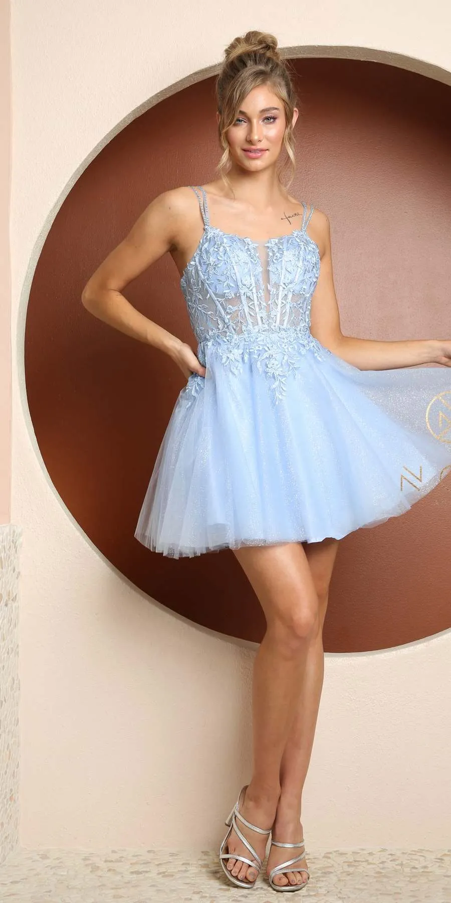 Nox Anabel T724 Floral Embellished Beads Bodice A-Line Short Dress