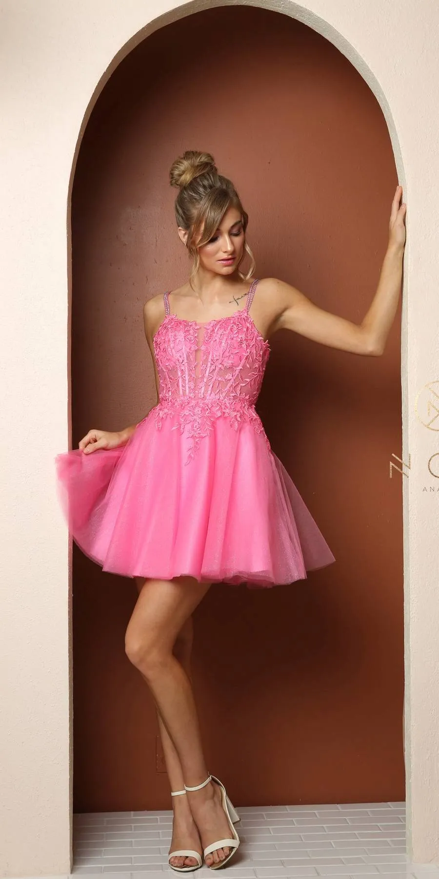 Nox Anabel T724 Floral Embellished Beads Bodice A-Line Short Dress